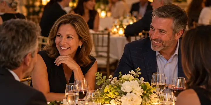 Guests talking and smiling at a candle-lit dinner table set with white flowers and wine glasses